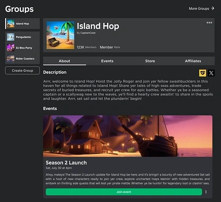 Creator events now on groups page