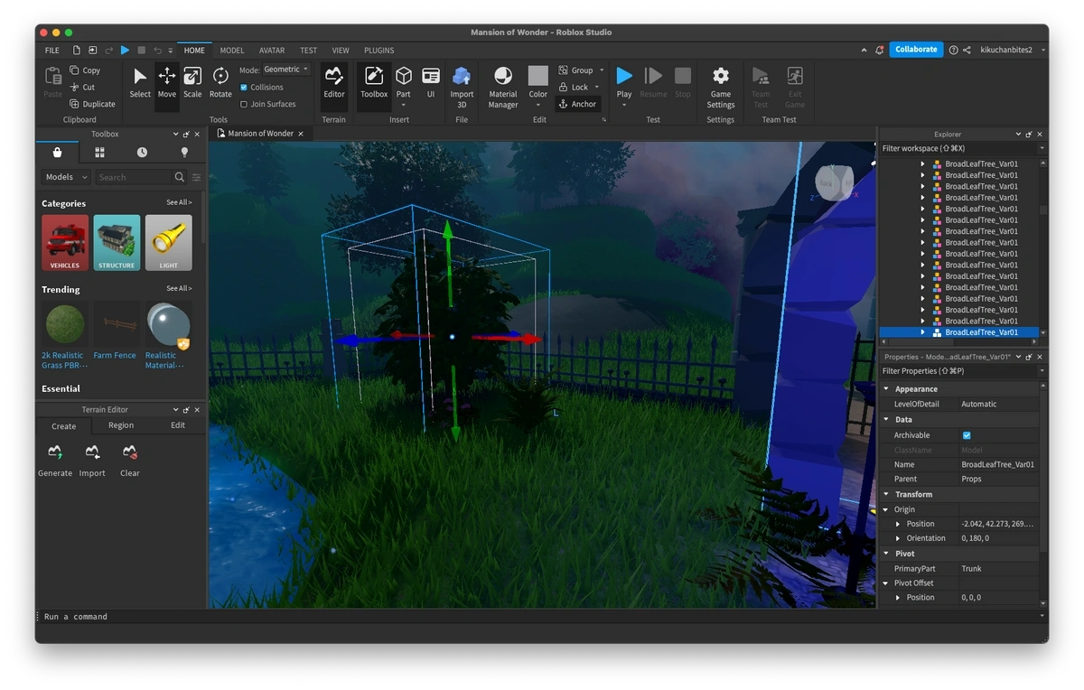 Uma captura de tela de uma paisagem virtual sendo personalizada no Roblox Studio.