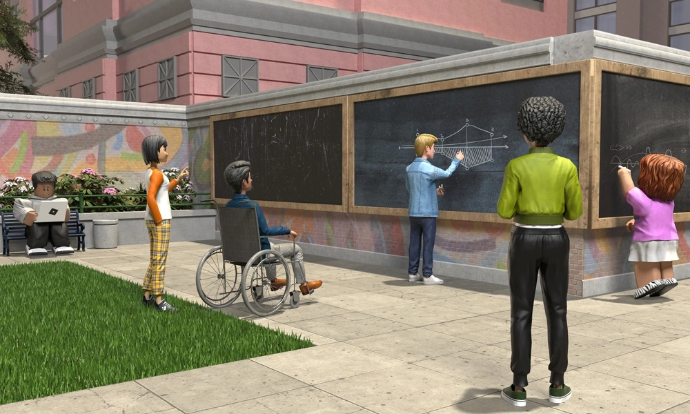 Roblox experience scene of diverse folks standing around an outdoor chalkboard, with one character drawing a bridge on the chalkboard