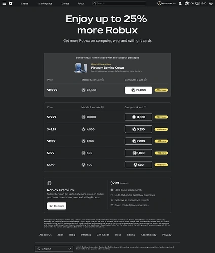Web üzerinden satın alım başına %25 ekstra Robux